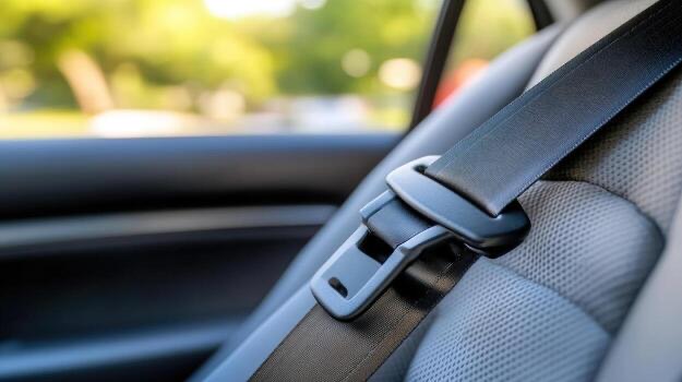 Close-up of a seat belt latch plate resting on the shoulder webbing beside a vehicle seat.
