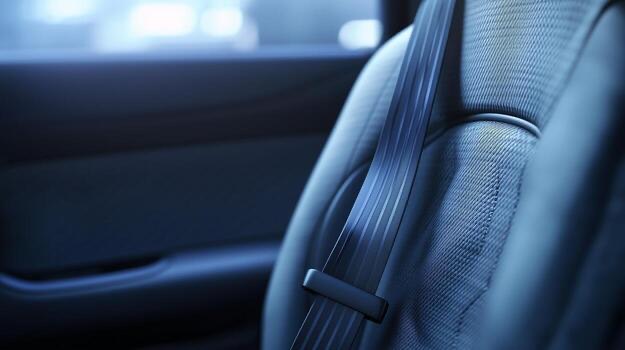 Shoulder belt webbing lying against a vehicle seat with the stopper button visible on the belt.