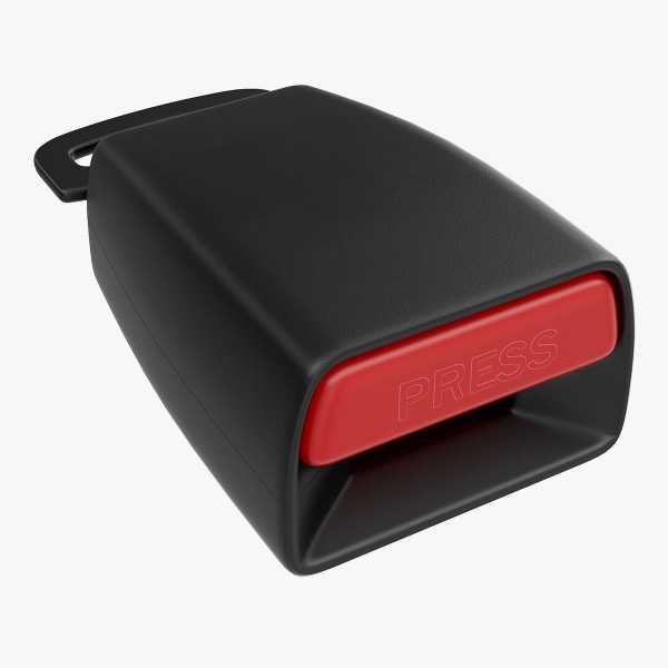 Automotive seat belt buckle body shown at an angle, with the red press-release button and the webbing loop at the rear.